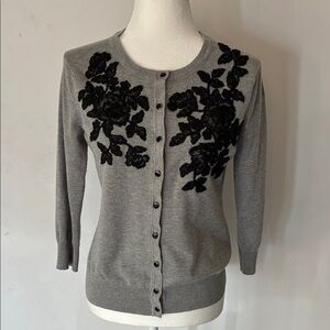 Elegant Gray Cardigan with Black Floral Design